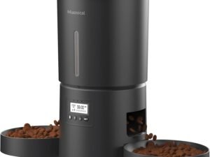 Miaosical Distributeur Croquettes Chat Automatique avec Double Bol pour 2 Chats, Chatons et Petits Chiens (Noir, 4.2L+De Base 2 Bols)