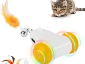 HAPPY HACHI Jouet Interactif pour Chat, 2 Vitesses Réglables, Mouvement Irrégulier USB Rechargeable Jouet Chat Interieur, avec Lumière LED Colorée, stimule l'instinct de Chasse, avec 3 Plumes
