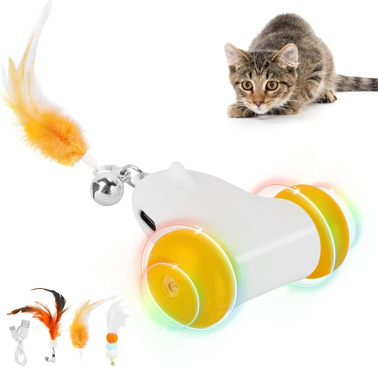 HAPPY HACHI Jouet Interactif pour Chat, 2 Vitesses Réglables, Mouvement Irrégulier USB Rechargeable Jouet Chat Interieur, avec Lumière LED Colorée, stimule l'instinct de Chasse, avec 3 Plumes