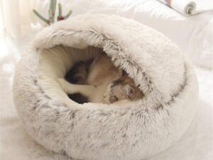 Lit Rond Moelleux pour Chat - en Peluche Douce - avec Capuche - pour l'hiver - Antidérapant - Lavable en Machin,Café,40 cm