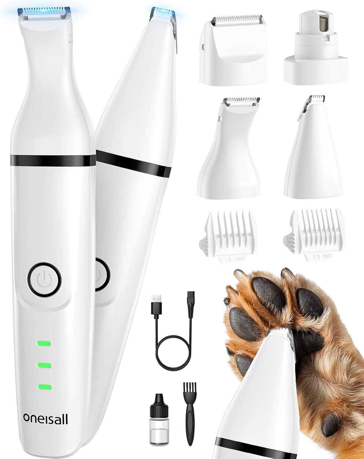 oneisall 4 en 1 Tondeuse chien set, Silencieuse Tondeuse pour chien,Sans Fil Fondeuse Toilettage pour Animaux avec 4 têtes de coupe multifonctions pour Chat et Chien (Blanc)