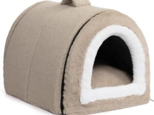 Hollypet Lit pour Chat Lit pour Chien, Pliable 2 en 1 Niche pour Animaux Domestiques, Niche en Peluche Douce et Chaude Intérieur Exterieur, Brun Clair