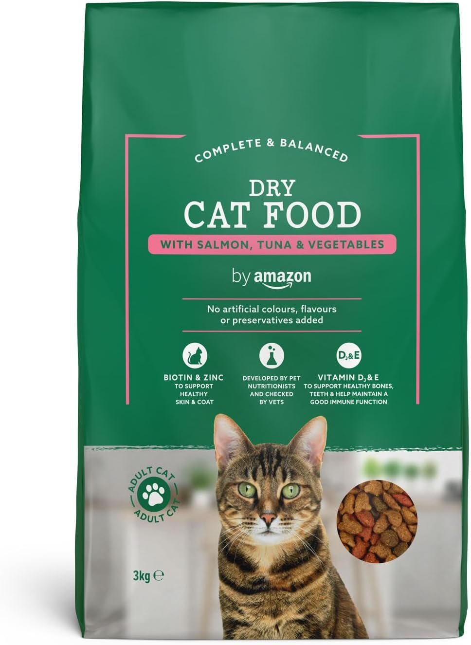 Croquettes complètes pour chats adultes au saumon, thon et légumes, 1 lot de 3kg