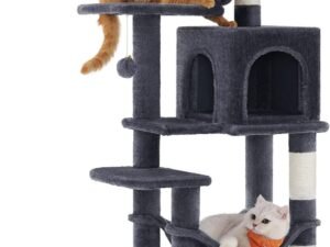 Feandrea Arbre à Chat Hauteur 112 cm, Tour de Jeux pour Chats, avec 4 Poteaux à Griffer, 2 Plateformes, 1 Niche, 1 Hamac, 2 Pompons, en Tissu Peluche, Multi-Niveaux, Gris Fumé