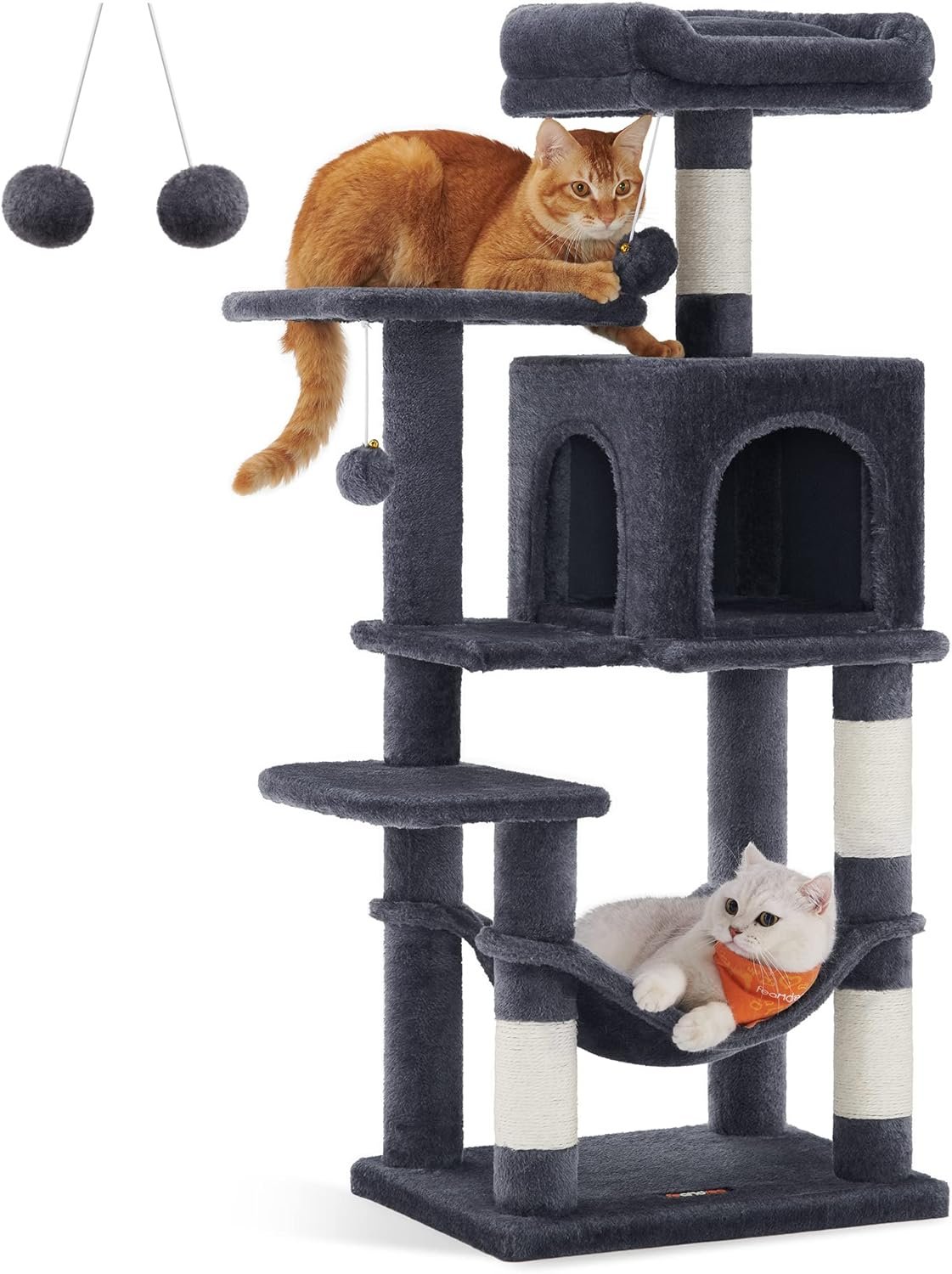Feandrea Arbre à Chat Hauteur 112 cm, Tour de Jeux pour Chats, avec 4 Poteaux à Griffer, 2 Plateformes, 1 Niche, 1 Hamac, 2 Pompons, en Tissu Peluche, Multi-Niveaux, Gris Fumé