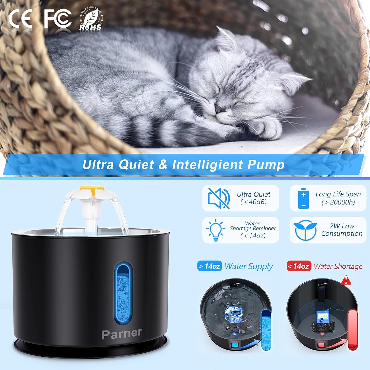 Parner Fontaine à Eau pour Chat - avec fenêtre de Niveau d'eau - 2,4 l - en Acier Inoxydable - avec 4 filtres hygiéniques et 1 Tapis en Silicone pour Animaux de Compagnie avec lumière LED - Noir – Image 5
