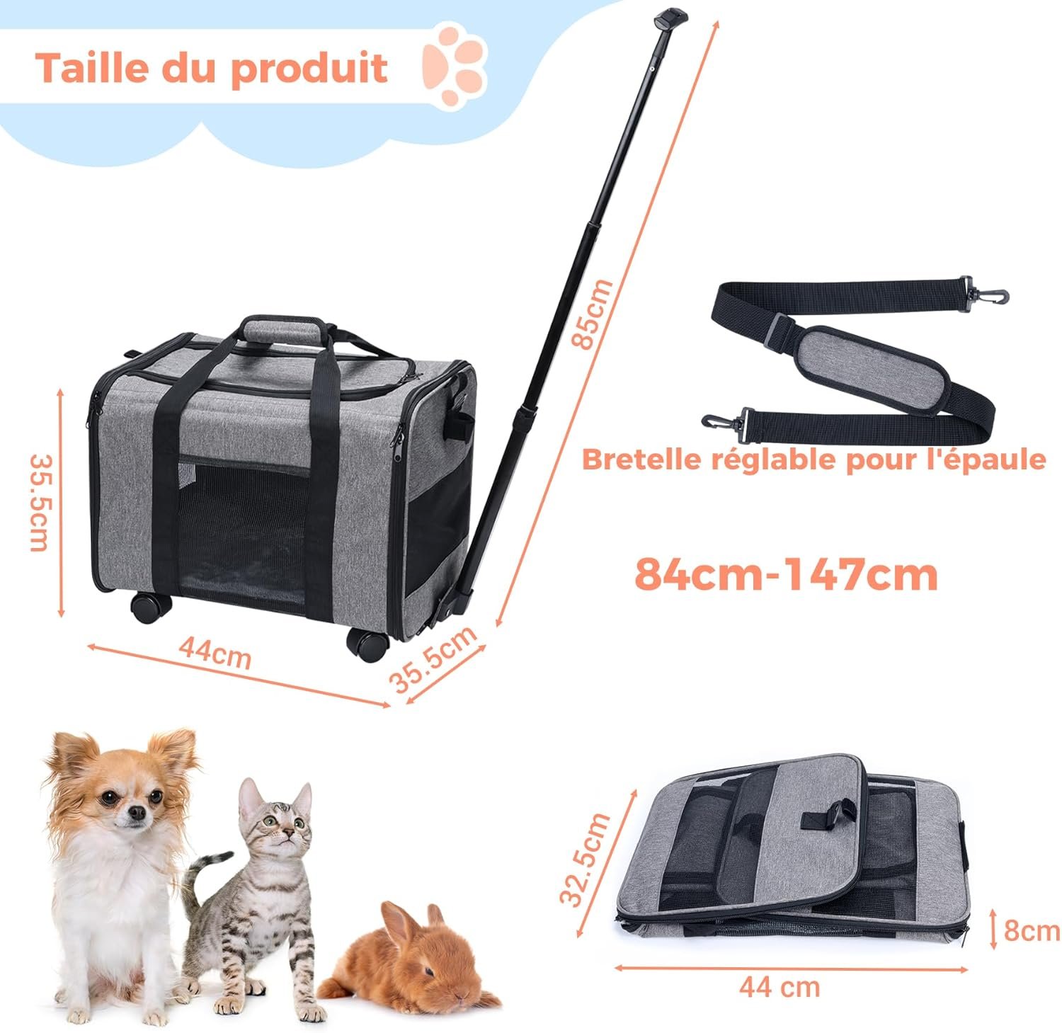 Sac Transport avec roulettes Amovibles pour Les Petits Chiens et Chats, Caisse de Transport Avion Cabine, Chariot pour Chien Charge jusqu'à 9kg (Gris) – Image 5