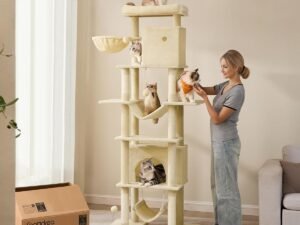 Feandrea Arbre à Chat 201 cm, Forme de Tour, Taille XXL, Multi-Niveaux, 1 Plateforme, 1 Panier, 2 Niches, 2 Hamacs, Dispositif Anti-Basculement, Beige