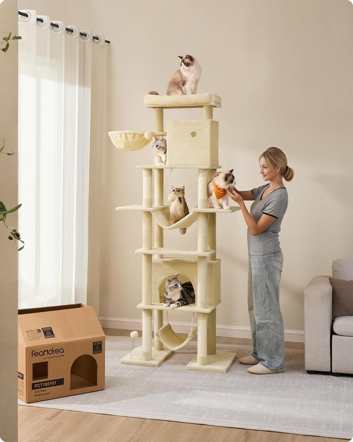 Feandrea Arbre à Chat 201 cm, Forme de Tour, Taille XXL, Multi-Niveaux, 1 Plateforme, 1 Panier, 2 Niches, 2 Hamacs, Dispositif Anti-Basculement, Beige