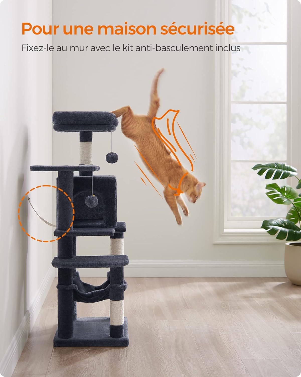 Feandrea Arbre à Chat Hauteur 112 cm, Tour de Jeux pour Chats, avec 4 Poteaux à Griffer, 2 Plateformes, 1 Niche, 1 Hamac, 2 Pompons, en Tissu Peluche, Multi-Niveaux, Gris Fumé – Image 2