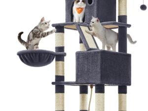 Feandrea Arbre à Chat, Hauteur 206 cm, avec 13 Griffoirs, 2 Plate-Forme, 2 Niches, Panier, Hamac, Pompon, Tissu Peluche, Multi-Niveaux pour Chat d'Intérieur, Gris Foncé