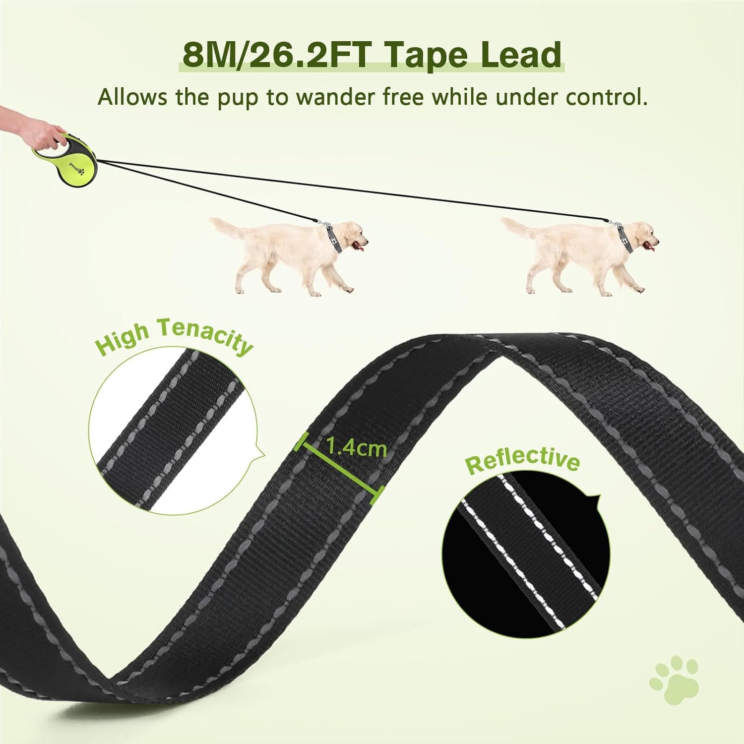 Pecute Laisse Chien Enrouleur 8m, Laisses Rétractables pour Chiens(Jusqu'à 50Kg), avec Un Boutton S'arrêter Bloquer, Ruban en Nylon avec Coutures Réfléchissantes, pour Petit, Moyen et Grand Chiens – Image 5