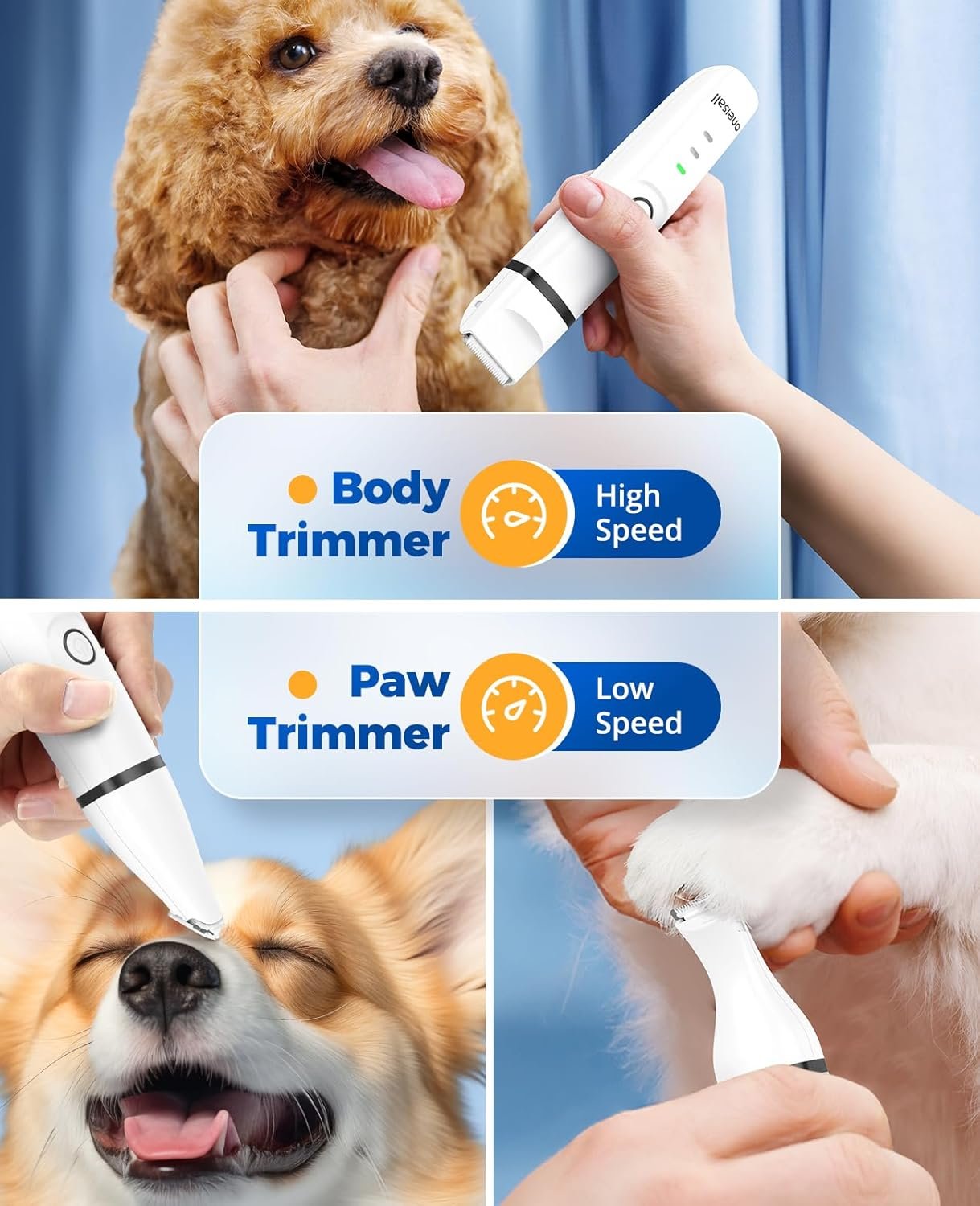 oneisall 4 en 1 Tondeuse chien set, Silencieuse Tondeuse pour chien,Sans Fil Fondeuse Toilettage pour Animaux avec 4 têtes de coupe multifonctions pour Chat et Chien (Blanc) – Image 2