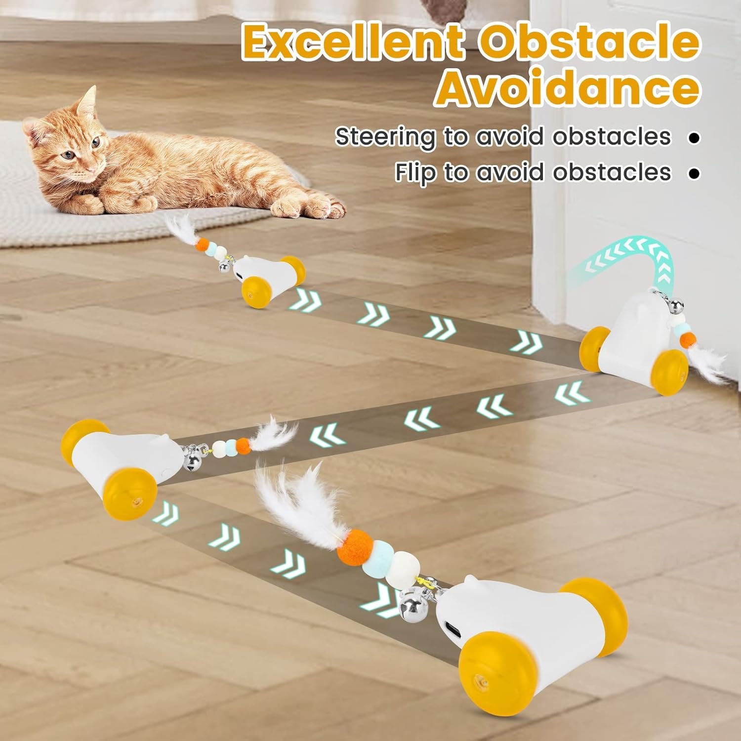 HAPPY HACHI Jouet Interactif pour Chat, 2 Vitesses Réglables, Mouvement Irrégulier USB Rechargeable Jouet Chat Interieur, avec Lumière LED Colorée, stimule l'instinct de Chasse, avec 3 Plumes – Image 2