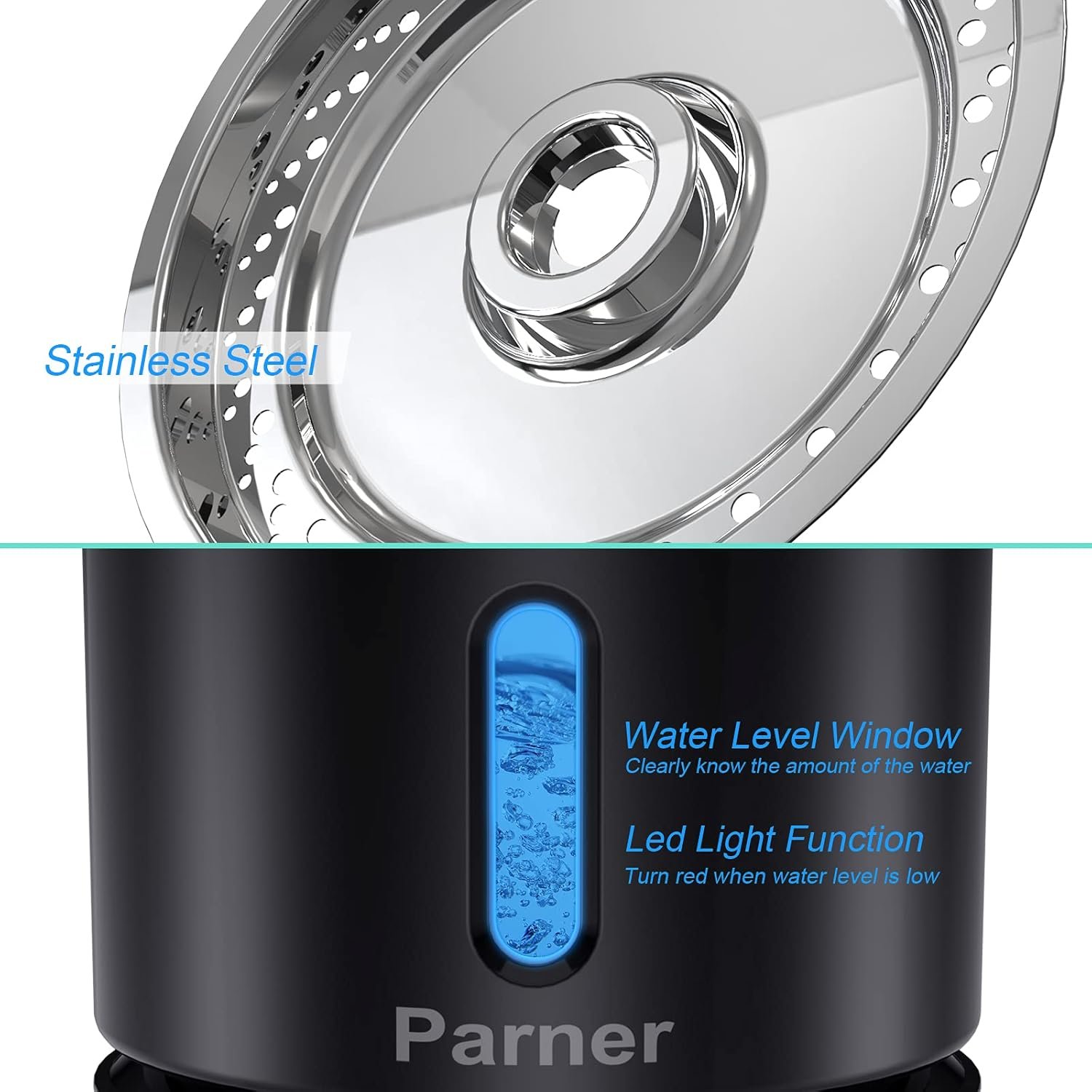 Parner Fontaine à Eau pour Chat - avec fenêtre de Niveau d'eau - 2,4 l - en Acier Inoxydable - avec 4 filtres hygiéniques et 1 Tapis en Silicone pour Animaux de Compagnie avec lumière LED - Noir – Image 3
