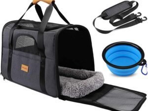 Morpilot Sac Transport Chat Chien, Caisse de Transport Chat Respirant et Pliable Cage Transport Chat avec Matelas en Peluche Amovible + Bol (Accepté au Maximum 15lbs/7kg，44 * 31 * 34cm)