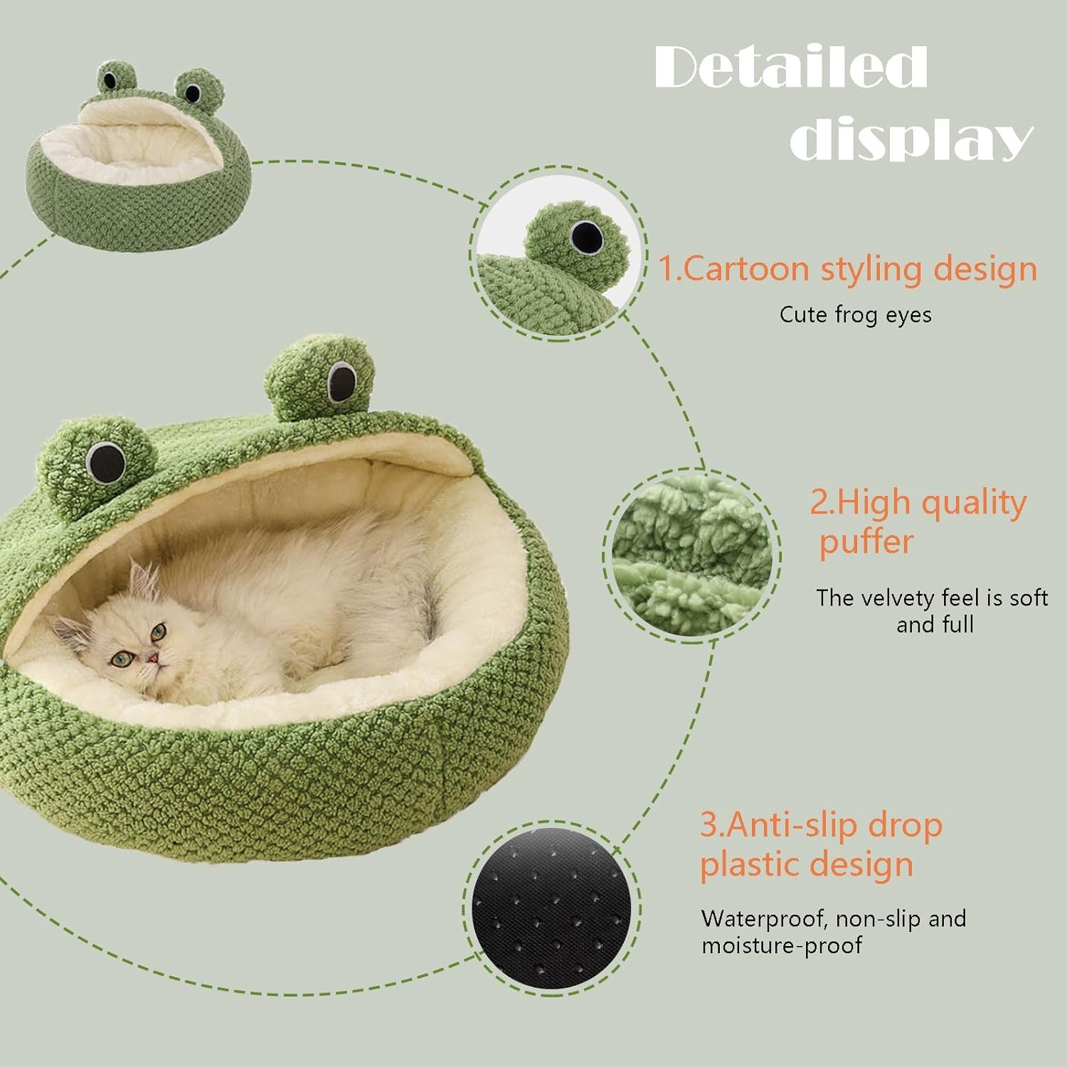 JINGTOPS Maison pour Chat D'IntéRieur,Couchage Chat,Coussin Chat Anti Stress, Grotte pour Chat,Lits pour Chat Forme de Grenouille Chaude et Douce avec Fond AntidéRapant (M-50cm, moitié Hangar) – Image 3