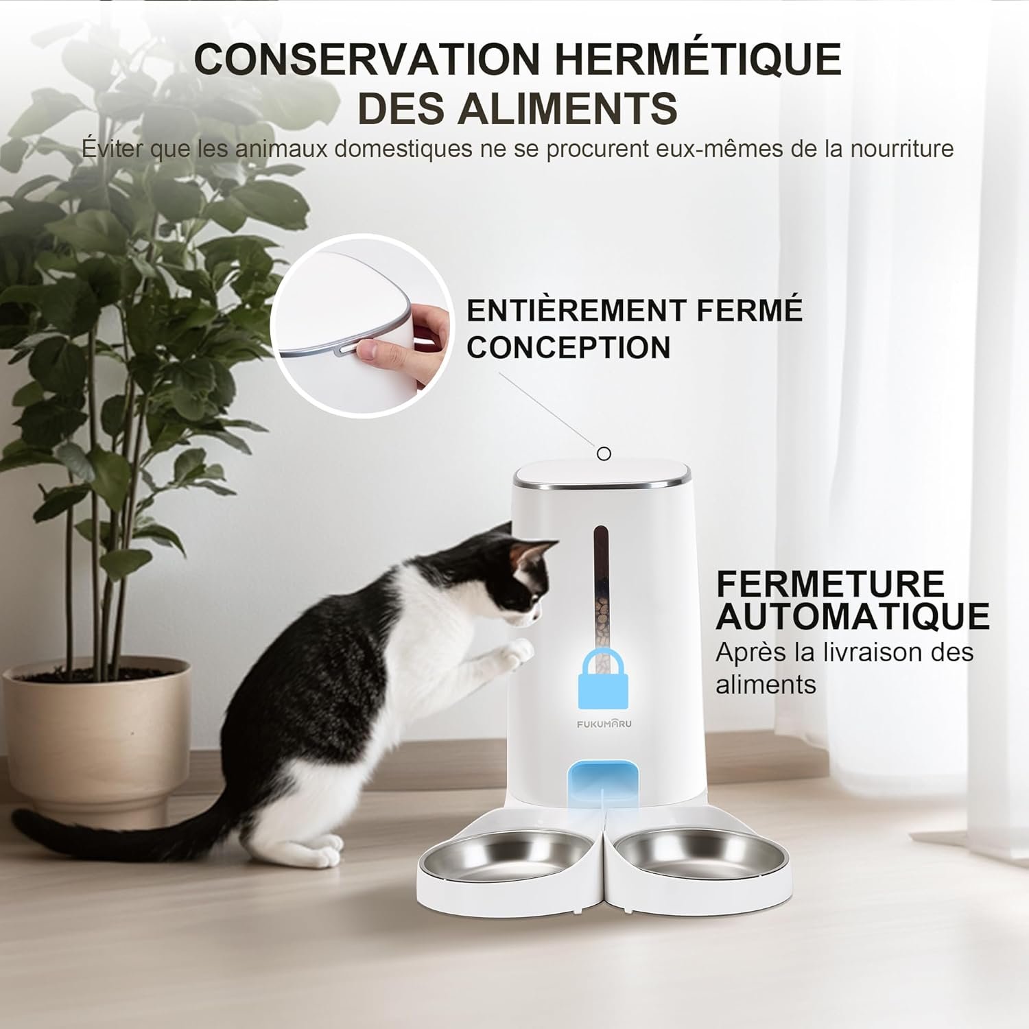 FUKUMARU Distributeur Croquettes Chat Automatique, 4L Distributeur Croquettes pour Chiens et Chats avec 2 Bols en Acier Inoxydable, 10 Repas par Jour et Contrôle de la Minuterie – Image 2