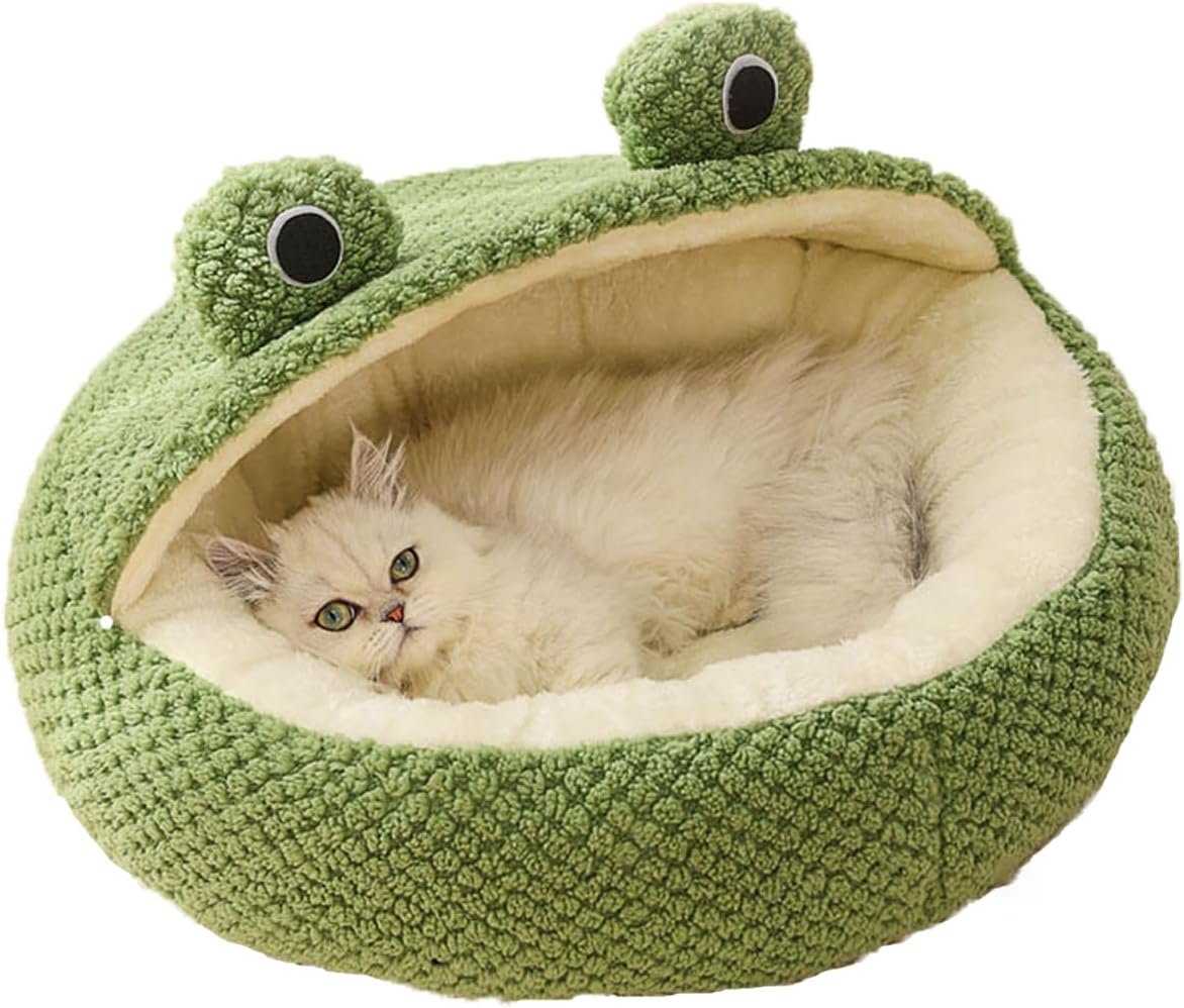 JINGTOPS Maison pour Chat D'IntéRieur,Couchage Chat,Coussin Chat Anti Stress, Grotte pour Chat,Lits pour Chat Forme de Grenouille Chaude et Douce avec Fond AntidéRapant (M-50cm, moitié Hangar)
