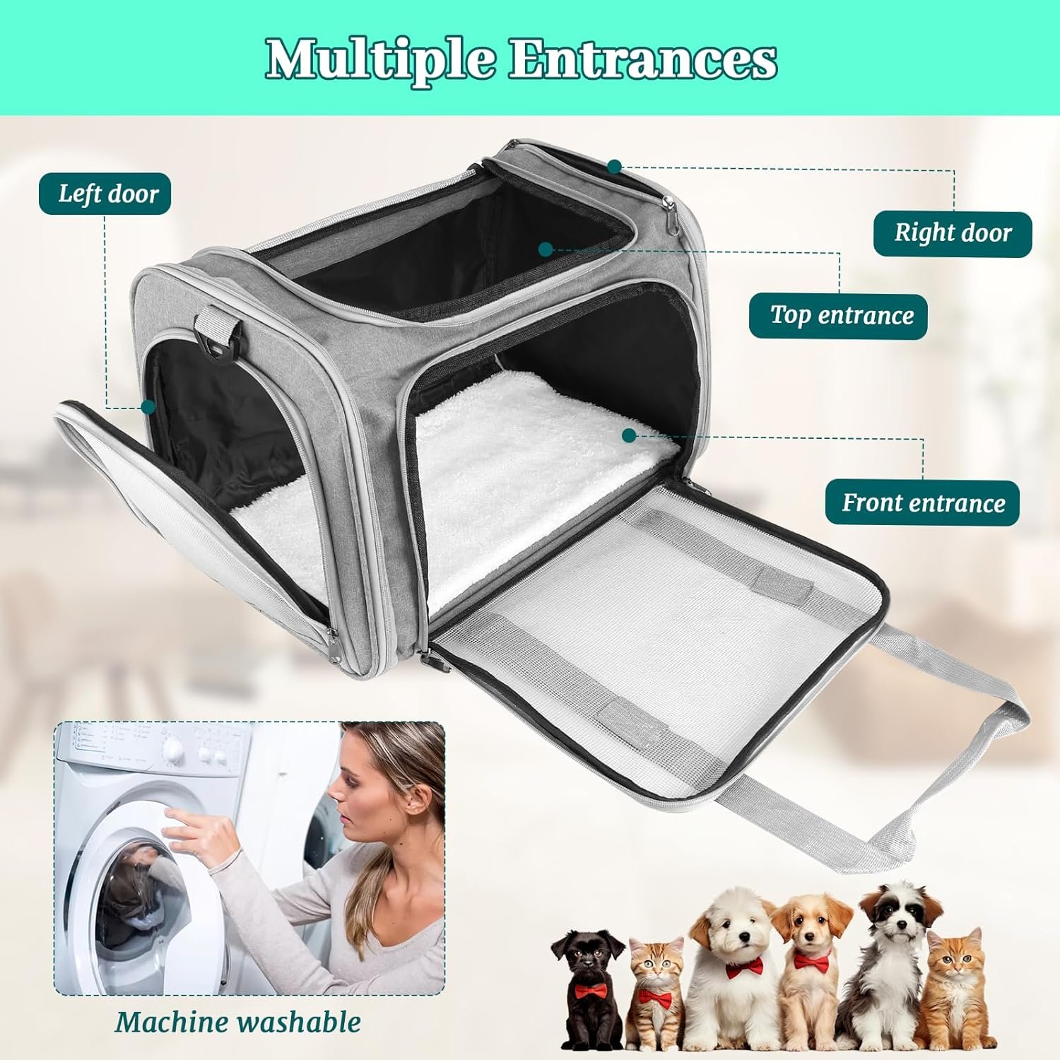 Sprifityy Sac de Transport pour Chat d'Extérieur Pliable et Respirant, Caisse Avec Matelas Souple pour Chat et Chien, Voyage en Train/Voiture (Gris, 45x30x30 cm) – Image 4