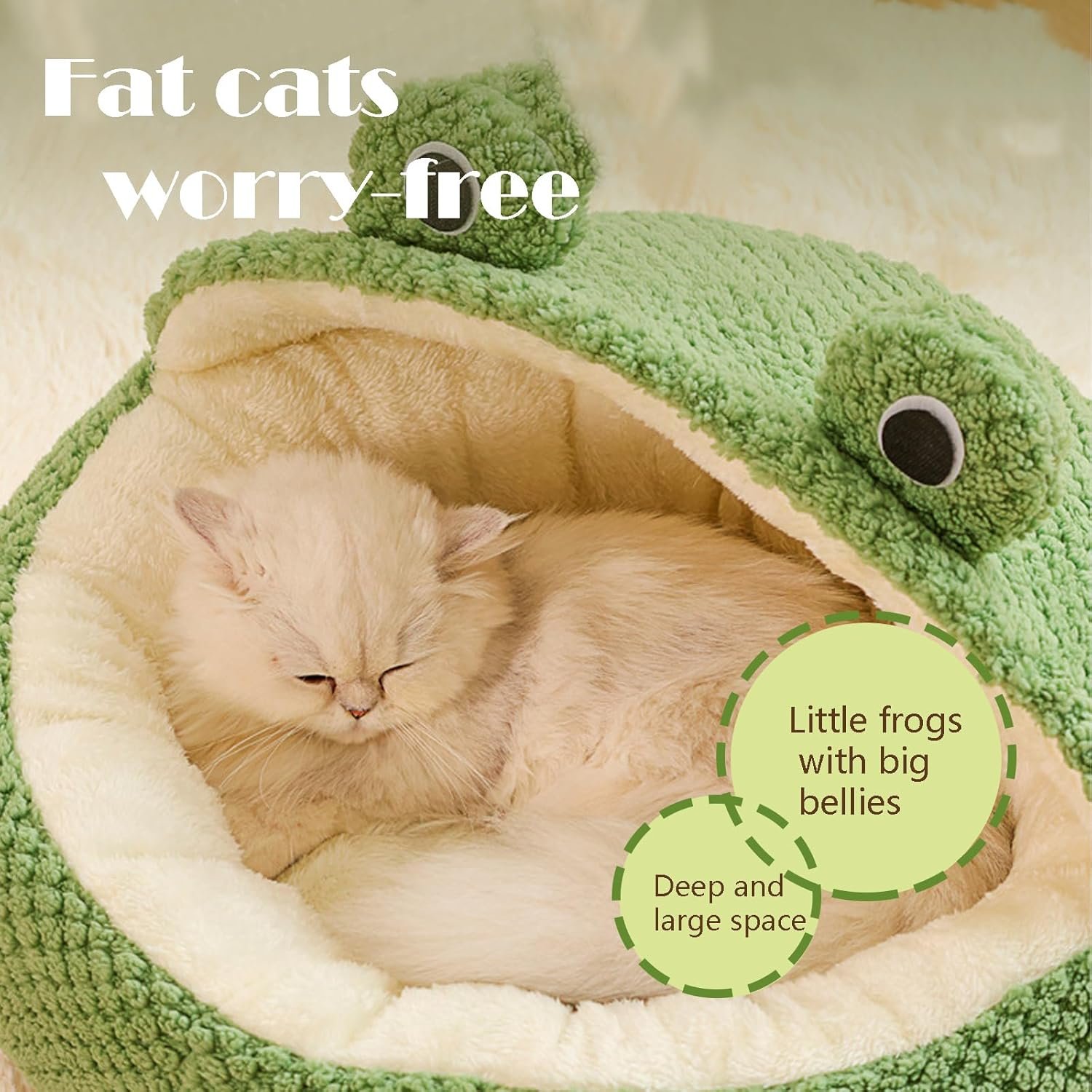 JINGTOPS Maison pour Chat D'IntéRieur,Couchage Chat,Coussin Chat Anti Stress, Grotte pour Chat,Lits pour Chat Forme de Grenouille Chaude et Douce avec Fond AntidéRapant (M-50cm, moitié Hangar) – Image 2