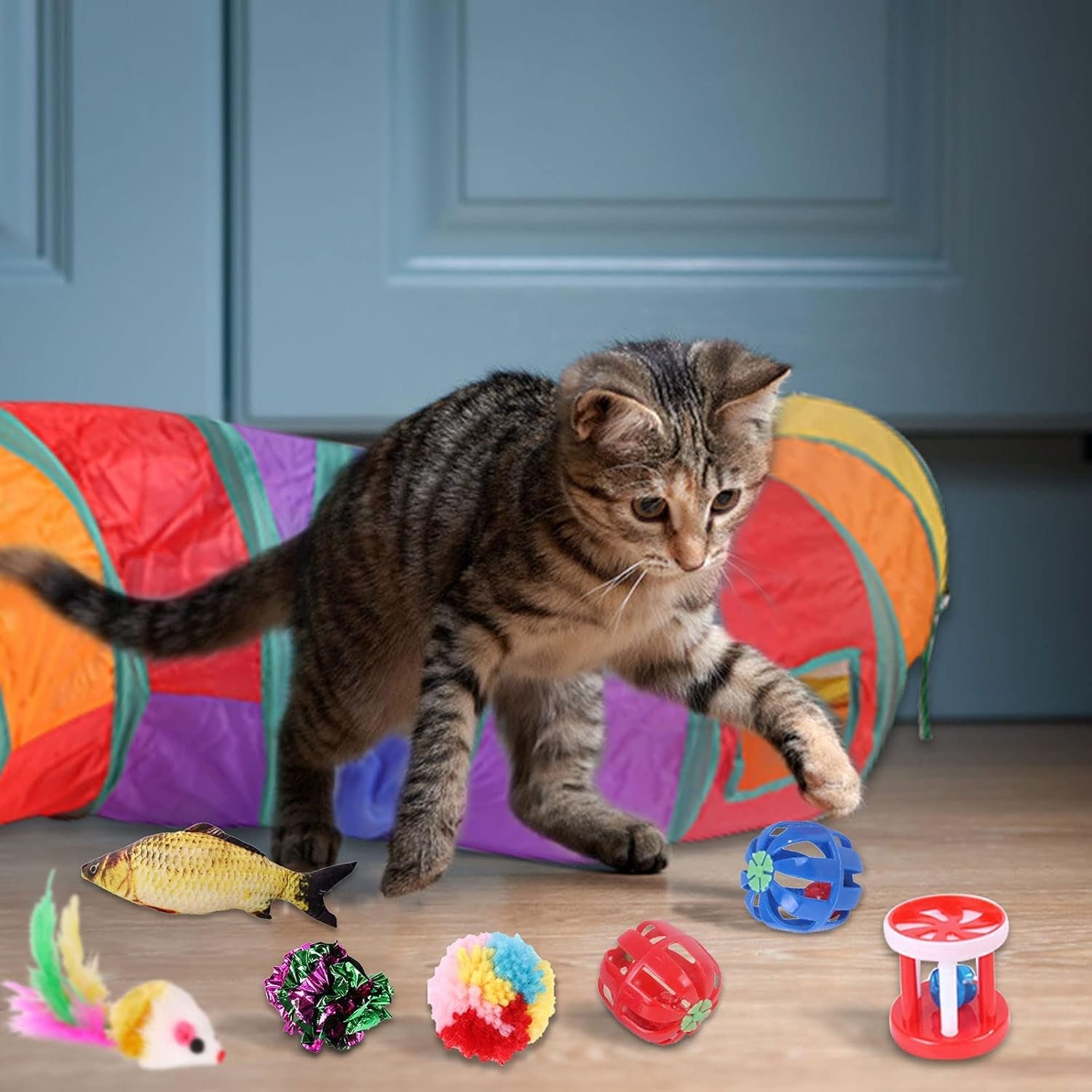 JOTOL Jouets Chat,30 Pièces Kit Jouet Chats,Jouets pour Chats Interactif Jeux Chaton avec Tunnel,Poisson,Souris,Plume,Balle Jeux Chaton – Image 3