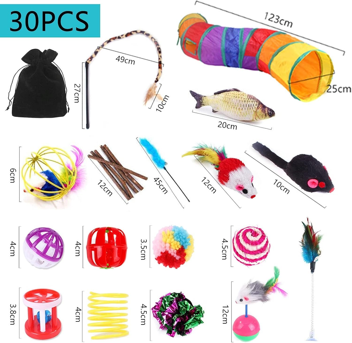 JOTOL Jouets Chat,30 Pièces Kit Jouet Chats,Jouets pour Chats Interactif Jeux Chaton avec Tunnel,Poisson,Souris,Plume,Balle Jeux Chaton – Image 2