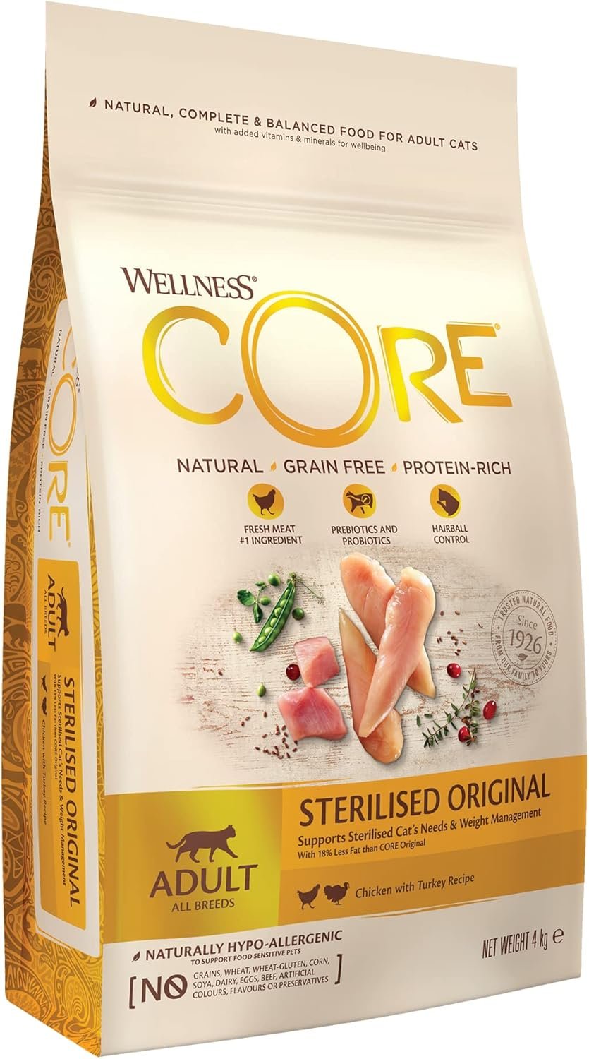 Wellness CORE Original Stérilisé, Croquettes Chat Stérilisé, 100% Naturelles, Hypoallergéniques, Haute Teneur en Viande, Poulet/Dinde, 4 kg