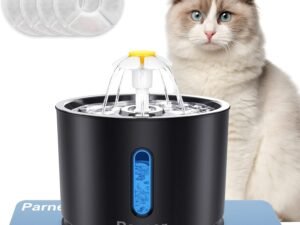 Parner Fontaine à Eau pour Chat - avec fenêtre de Niveau d'eau - 2,4 l - en Acier Inoxydable - avec 4 filtres hygiéniques et 1 Tapis en Silicone pour Animaux de Compagnie avec lumière LED - Noir