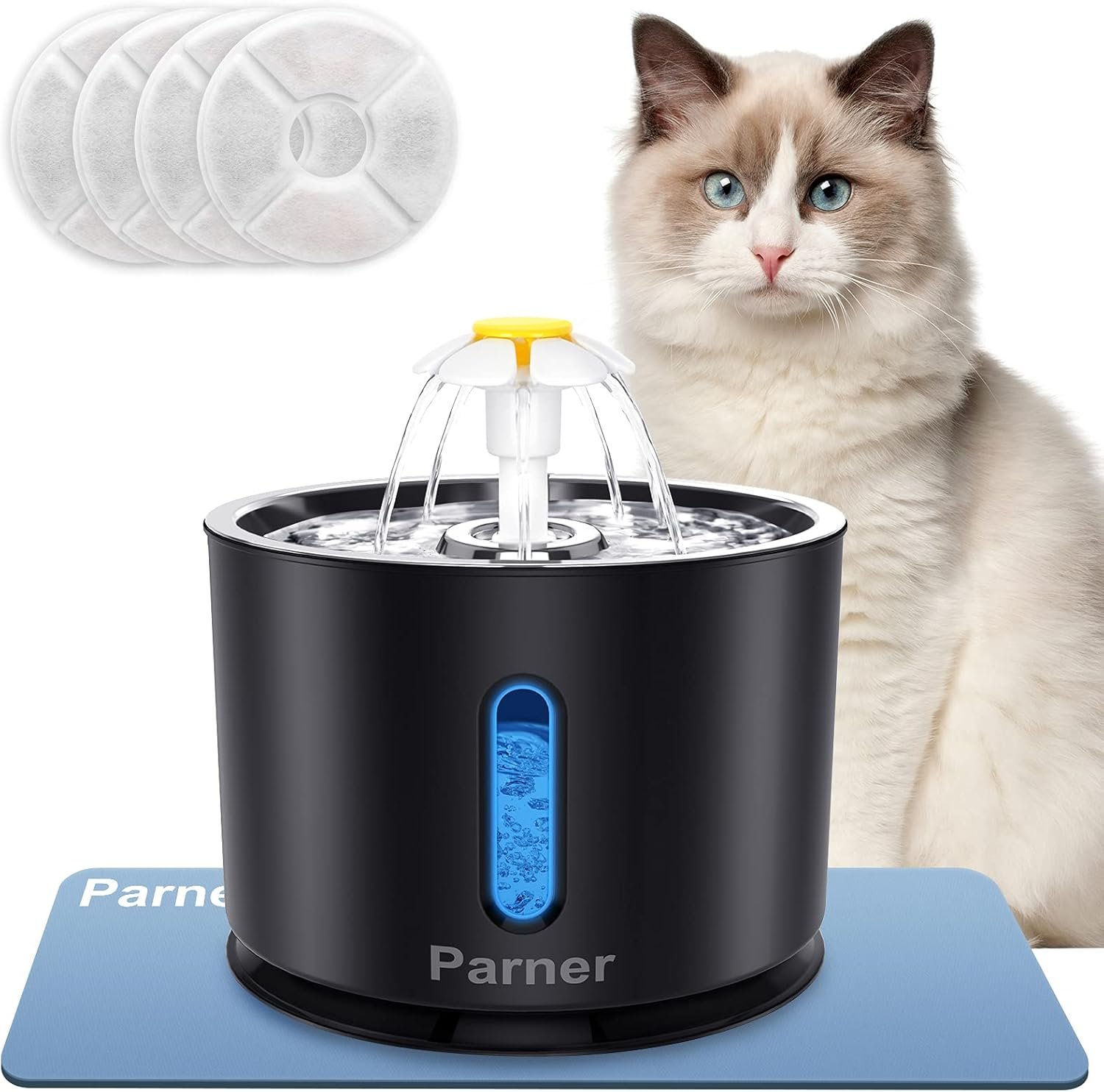 Parner Fontaine à Eau pour Chat - avec fenêtre de Niveau d'eau - 2,4 l - en Acier Inoxydable - avec 4 filtres hygiéniques et 1 Tapis en Silicone pour Animaux de Compagnie avec lumière LED - Noir