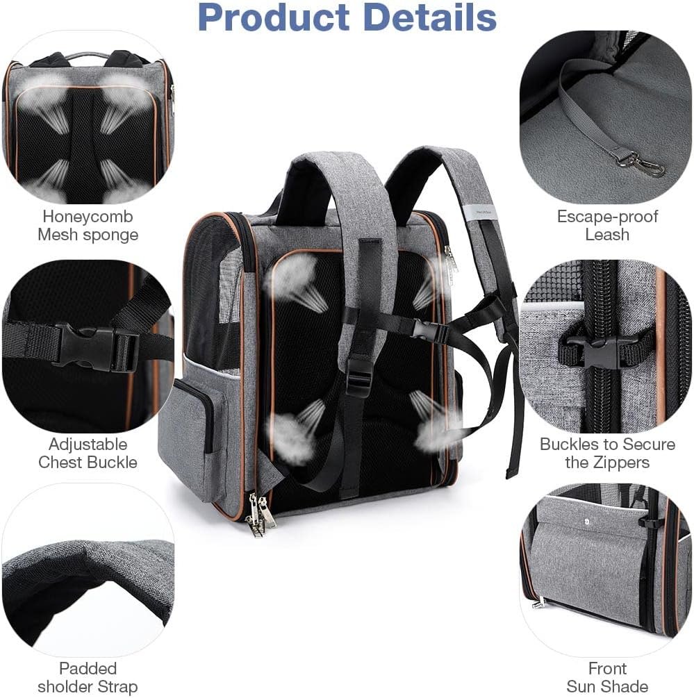 Lekespring Sac Transport Chat avec 4 Entrées, pour Chien, Respirant - Sac a Dos avec Harnais Intérieur - Charge Maximale 8kg - Gris – Image 5