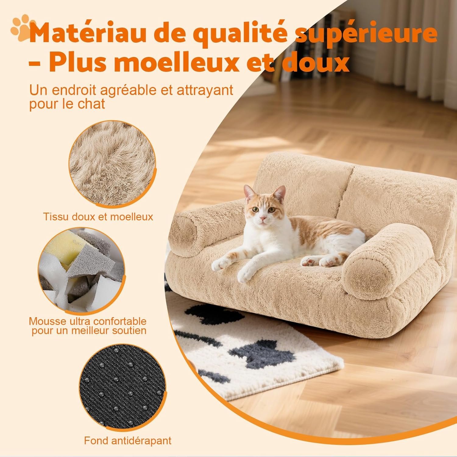 Gimars Canapé Lit pour Chat Grande Taille 10 % de Mousse en Plus, Lit Orthopédique Douillet avec Bords Relevés, Housse Amovible et Base Antidérapante,Couleur du thé au Lait – Image 3