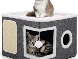 Lits d'intérieur Pliables pour Chat, 43 x 43 x 32 cm, Grande Maison pour Chat avec Niche Confortable, Boule Suspendue, fenêtre Ronde, Cube pour Chat à 2 Niveaux avec Coussins Doux Double Face, Gris