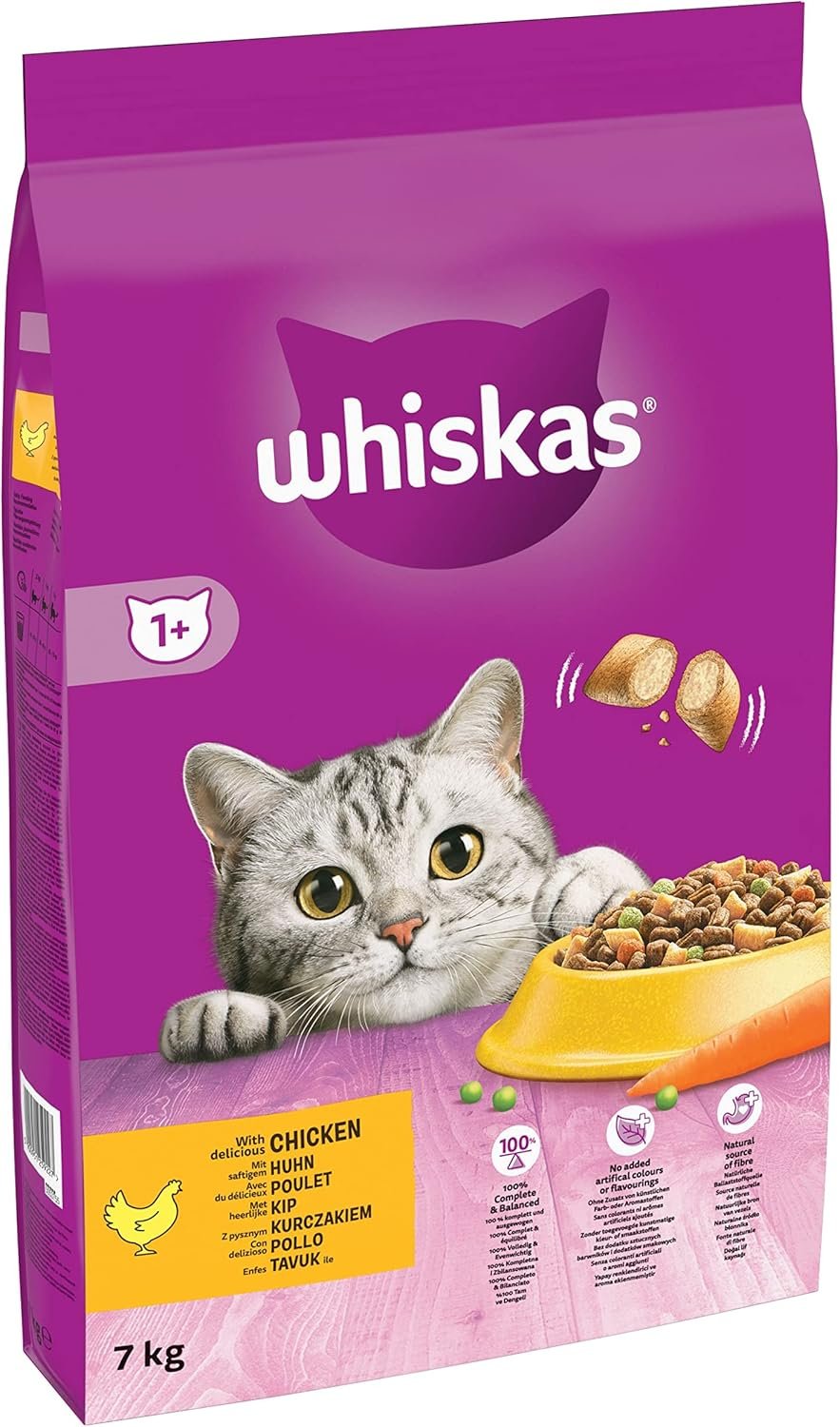 WHISKAS Croquettes Chat Adulte 1 An +, Sac de 7 kg, Au Poulet, Nourriture Chat Sèche Complète et Équilibrée, Croquettes chat