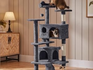 Yaheetech Arbre à Chat avec 2 Niches 3 Plateformes 2 Boules en Sisal Arbre à Grimper Multi-Niveaux Hauteur 137cm Idéal pour 3-4 Chats Gris Foncé