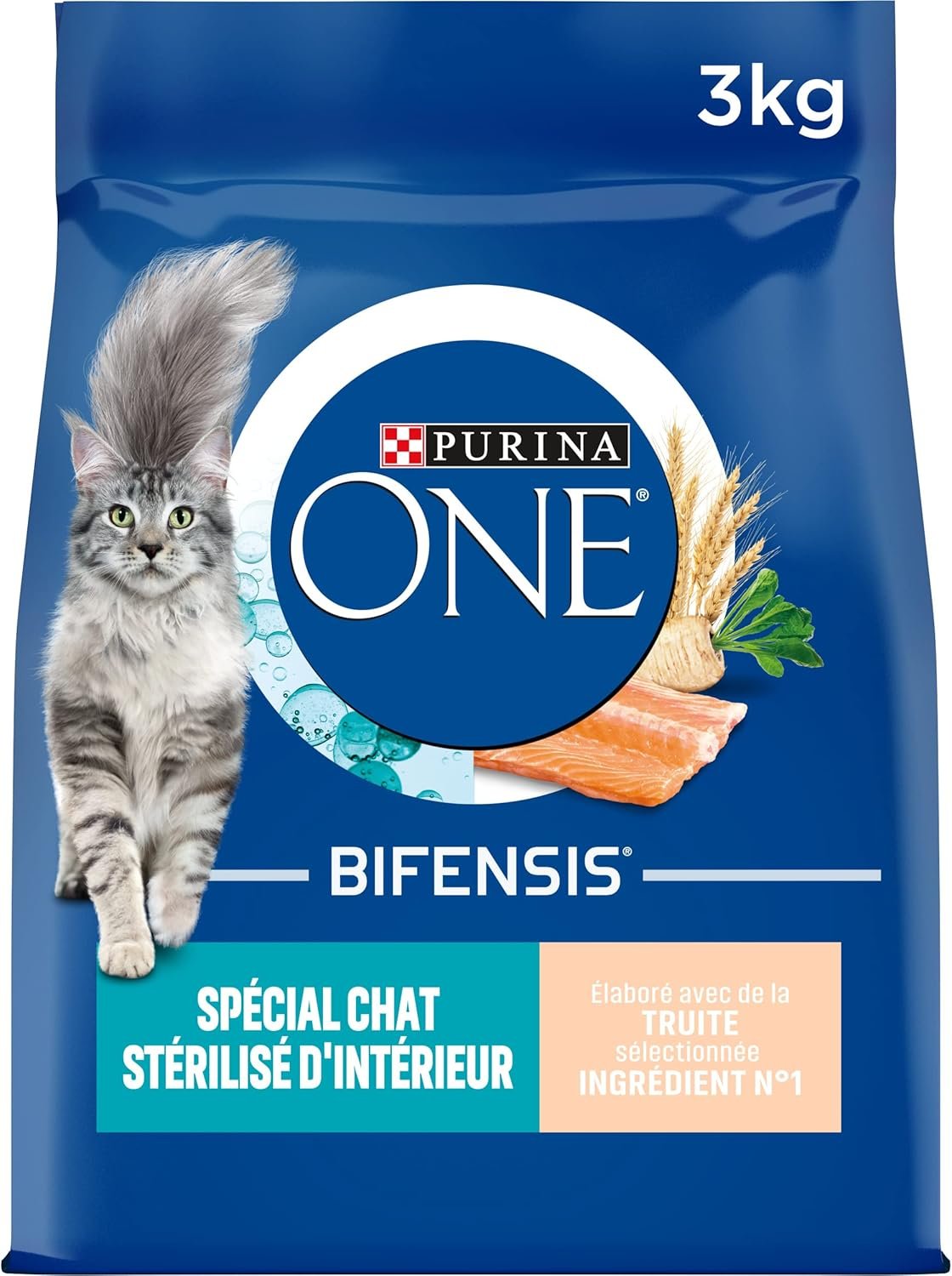 PURINA ONE | BIFENSIS | Spécial Chat Stérilisé d'Intérieur | Croquettes | Aide à contrôler le poids, maintenir un système urinaire sain, élimine les poils de l'estomac | Truite | Sac | Lot de 4 x 3Kg