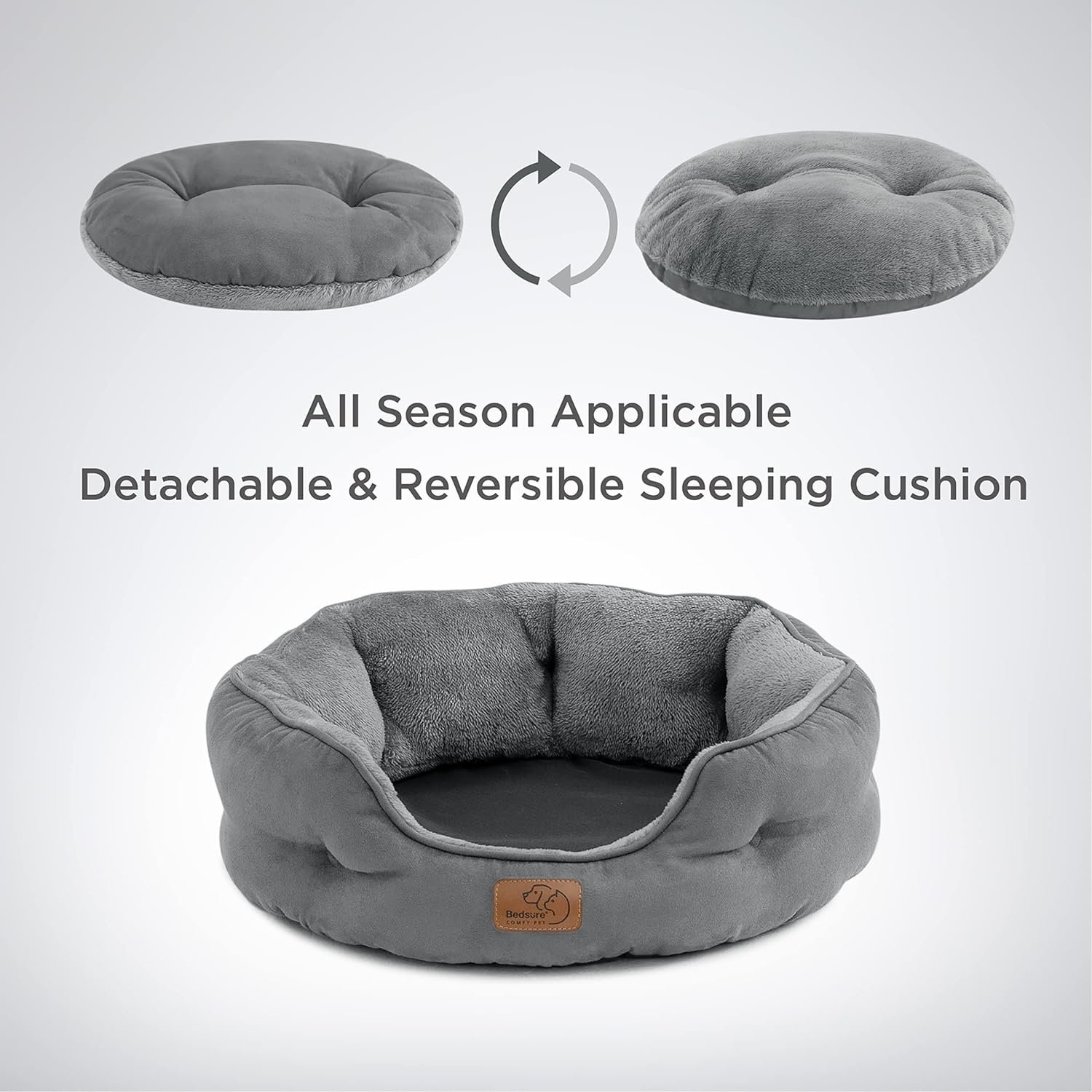 Bedsure Lit Lavable pour Chats - Canapé Antidérapant d'Intérieur, Rond Gris 51x48x15cm – Image 5