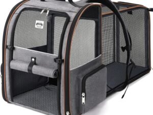 Lekespring Sac Transport Chat avec 4 Entrées, pour Chien, Respirant - Sac a Dos avec Harnais Intérieur - Charge Maximale 8kg - Gris