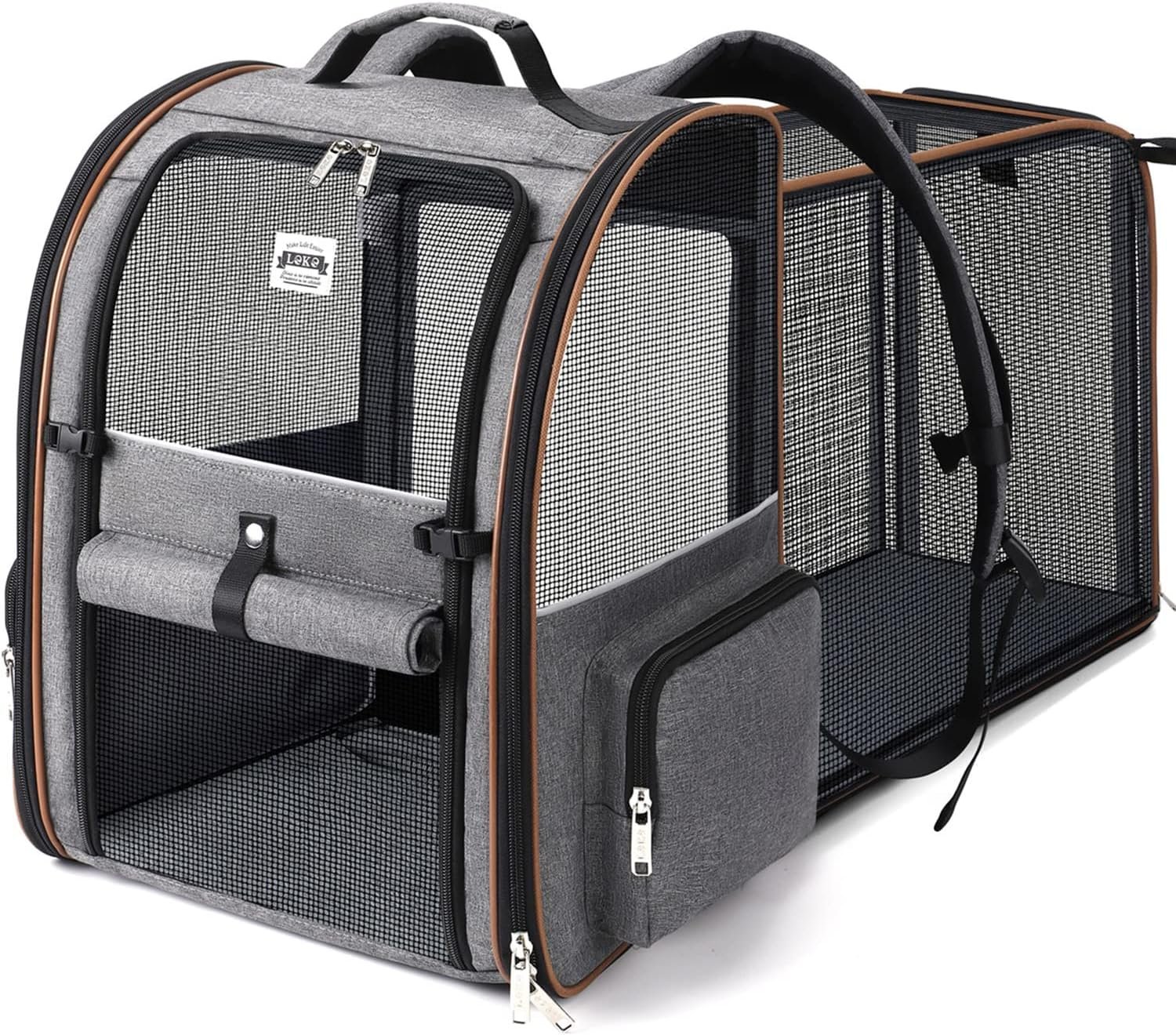 Lekespring Sac Transport Chat avec 4 Entrées, pour Chien, Respirant - Sac a Dos avec Harnais Intérieur - Charge Maximale 8kg - Gris