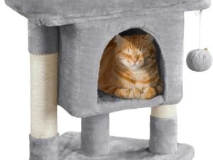 Yaheetech Arbre à Chat Design avec Niche et Plate-Forme Arbre-griffoir Tour pour Chat Hauteur 59cm Gris Clair