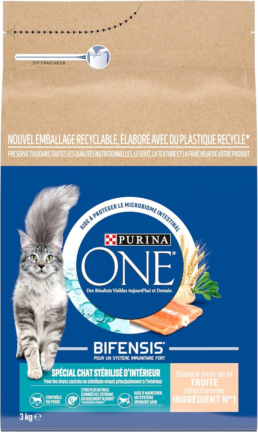 PURINA ONE | BIFENSIS | Spécial Chat Stérilisé d'Intérieur | Croquettes | Aide à contrôler le poids, maintenir un système urinaire sain, élimine les poils de l'estomac | Truite | Sac | Lot de 4 x 3Kg – Image 2