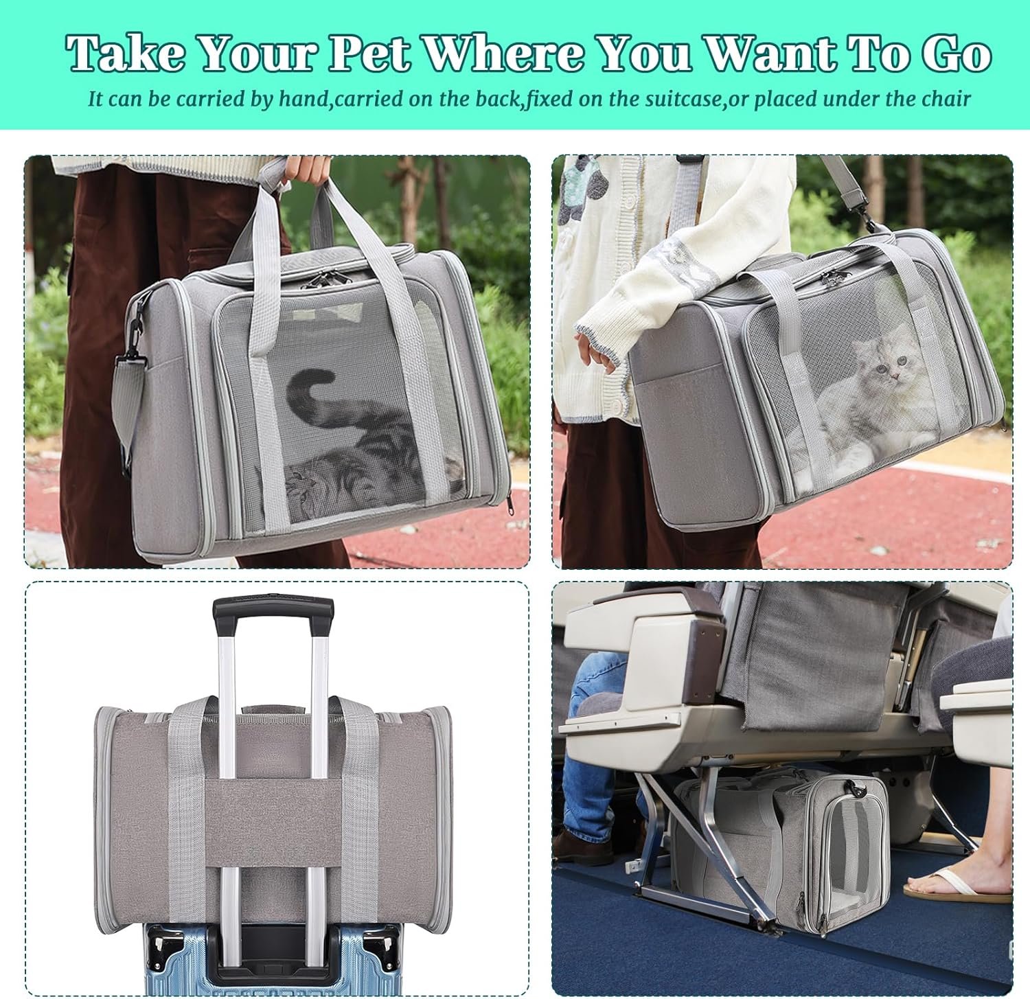 Sprifityy Sac de Transport pour Chat d'Extérieur Pliable et Respirant, Caisse Avec Matelas Souple pour Chat et Chien, Voyage en Train/Voiture (Gris, 45x30x30 cm) – Image 2