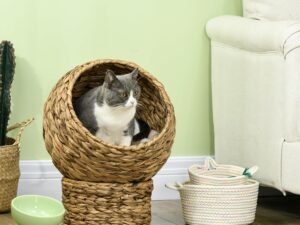 PawHut Panier Chat lit surélevé Chat Cosy Niche Grotte à Chat Grand Confort dim. 42L x 33l x 52H cm Coussin Moelleux Beige Inclus