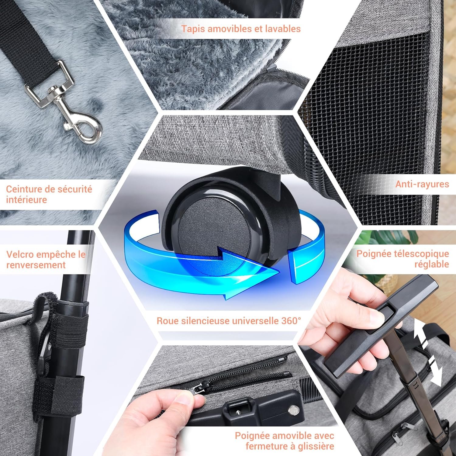 Sac Transport avec roulettes Amovibles pour Les Petits Chiens et Chats, Caisse de Transport Avion Cabine, Chariot pour Chien Charge jusqu'à 9kg (Gris) – Image 2