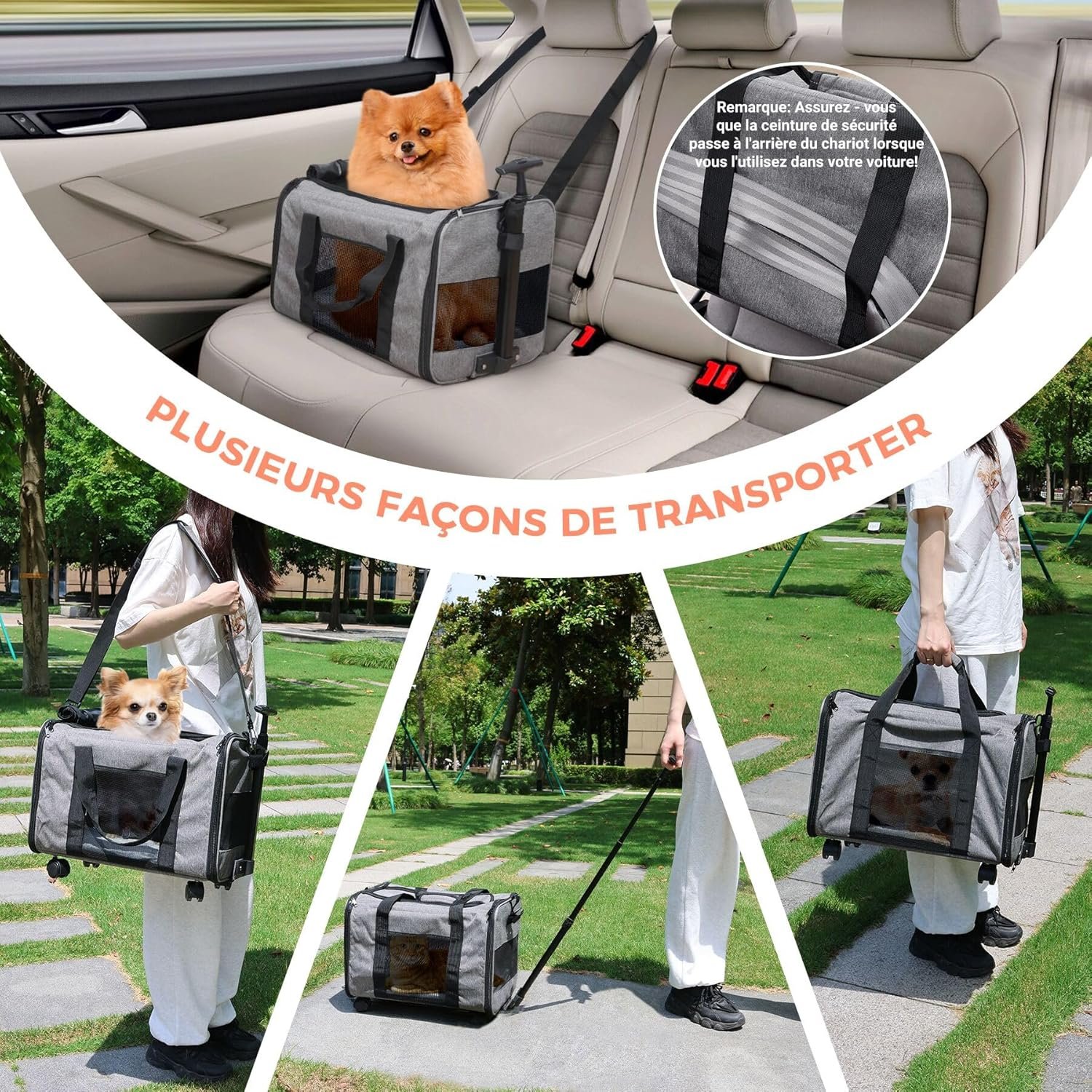 Sac Transport avec roulettes Amovibles pour Les Petits Chiens et Chats, Caisse de Transport Avion Cabine, Chariot pour Chien Charge jusqu'à 9kg (Gris) – Image 6