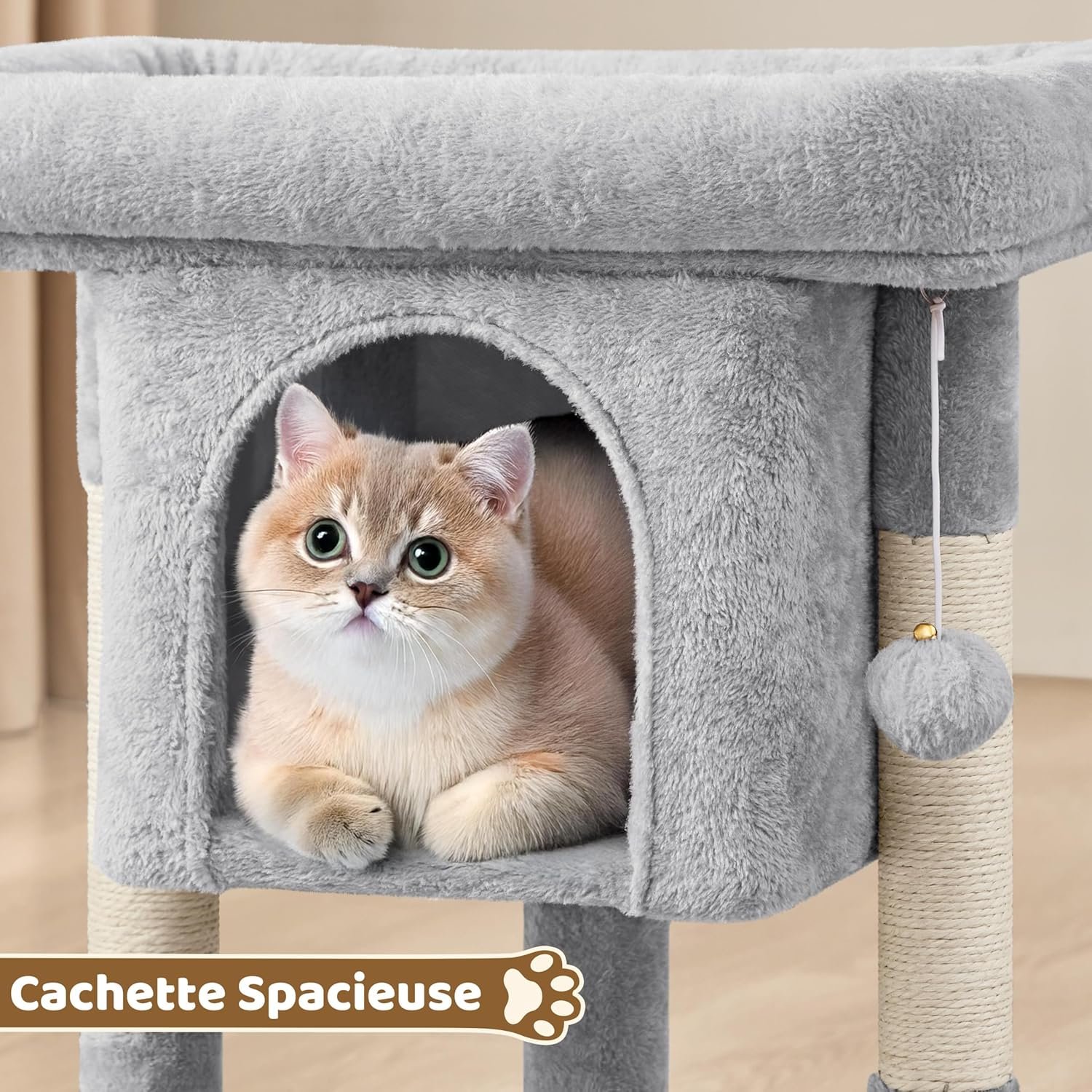 Yaheetech Arbre à Chat Design avec Niche et Plate-Forme Arbre-griffoir Tour pour Chat Hauteur 59cm Gris Clair – Image 3