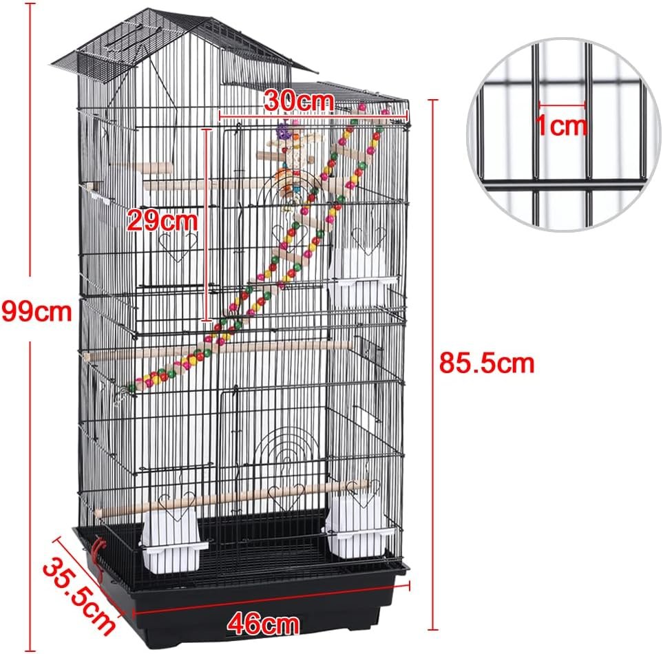 Yaheetech Cage à Oiseaux avec 3 Jouets Poignée Portable 4 Mangeoires 3 Perchoirs Cage pour Perruche Calopsitte Conure Pinson Canaris 46 x 35,5 x 99 cm – Image 4
