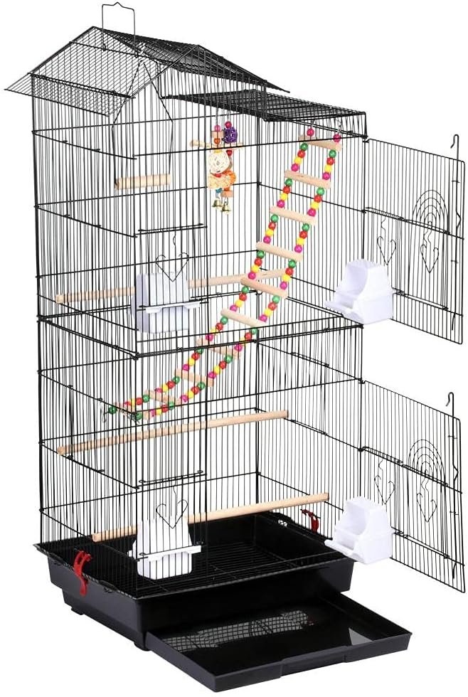 Yaheetech Cage à Oiseaux avec 3 Jouets Poignée Portable 4 Mangeoires 3 Perchoirs Cage pour Perruche Calopsitte Conure Pinson Canaris 46 x 35,5 x 99 cm