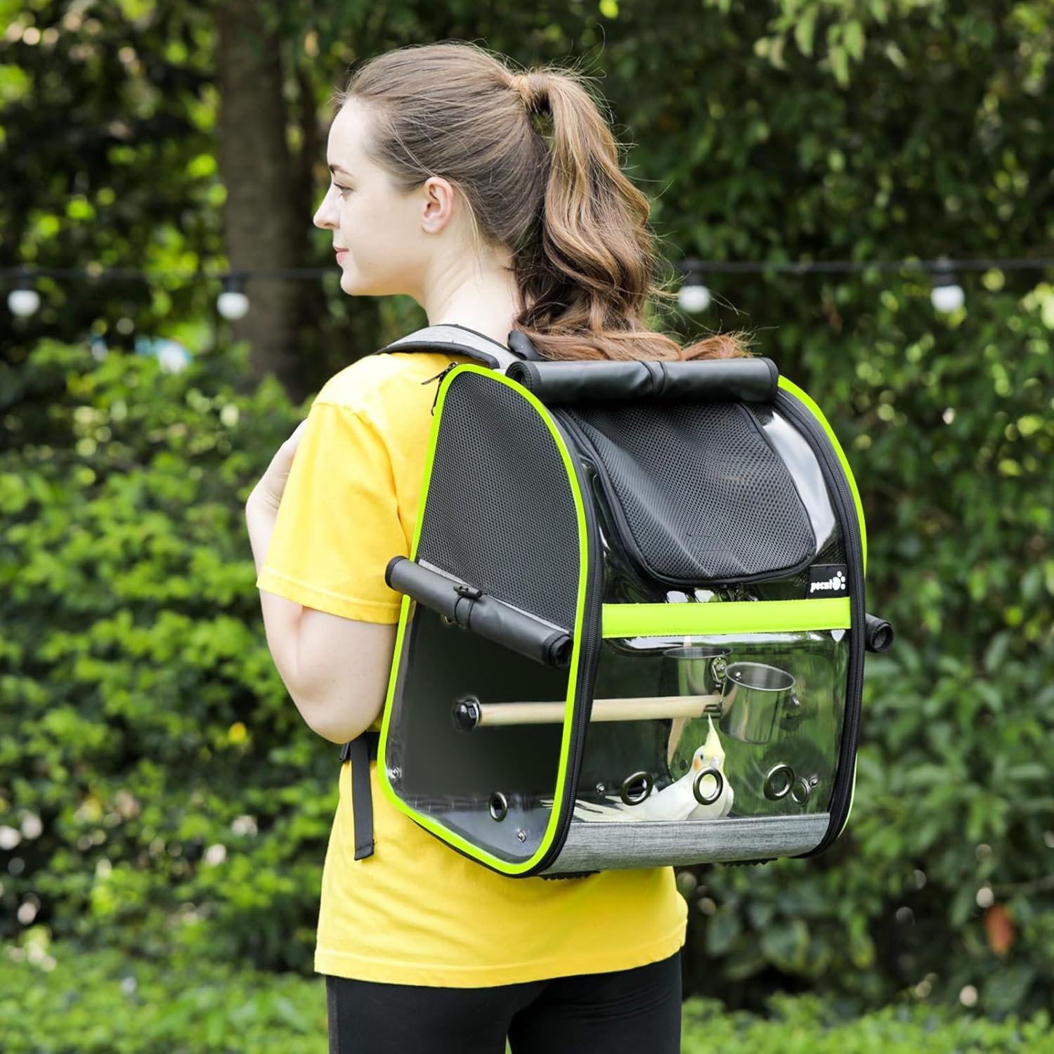 Pecute Sac à Dos de Transport Oiseau avec Rideaux Imperméable Anti-Soleil, Cage Transparente avec 4 Accessoires, pour Perroquet Carani Perruche