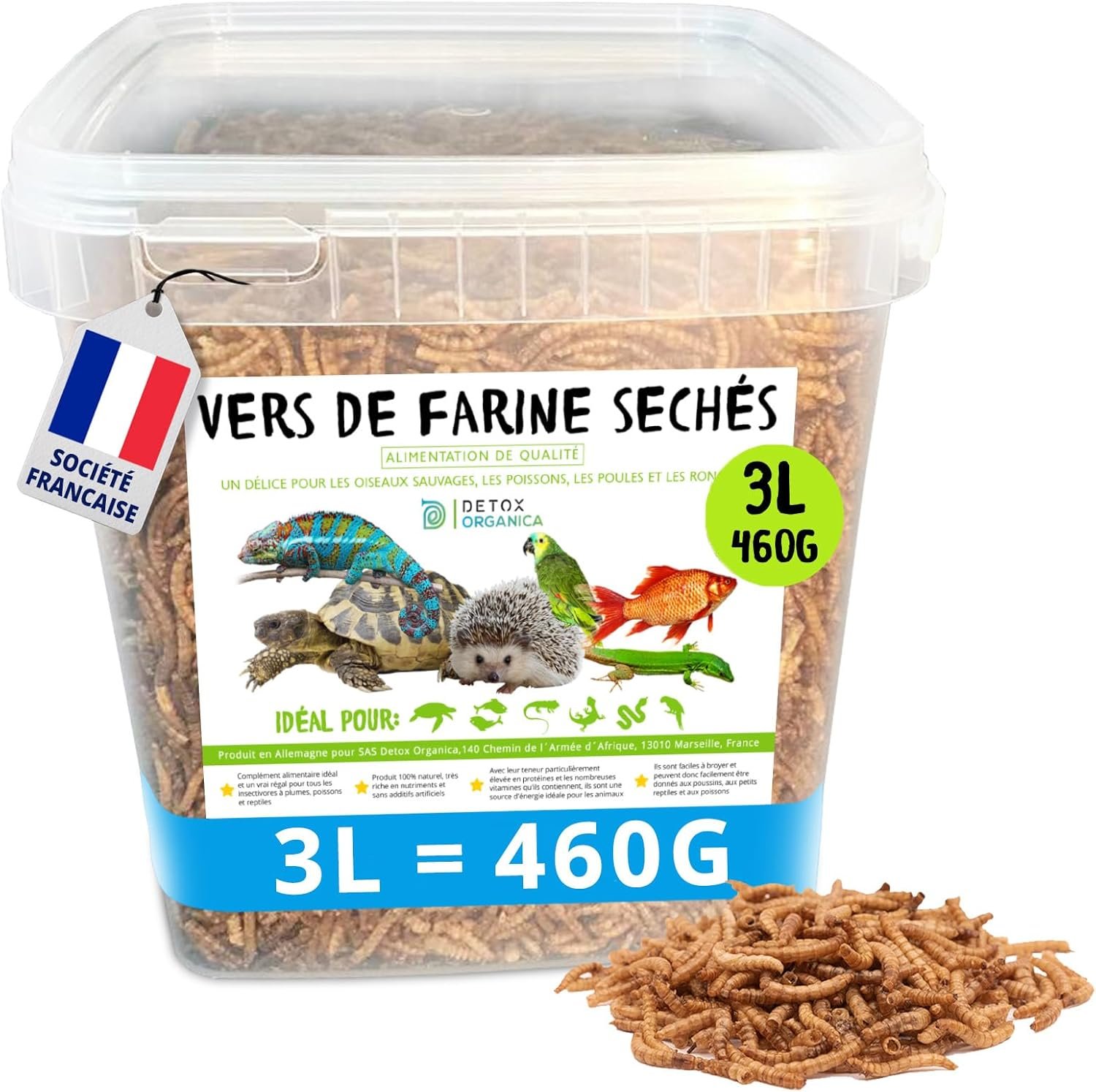 Detox Organica-vers de Farine Séchés-460g=3000ml- Nourriture pour Poissons, Oiseaux Tortues, Hérissons, Rongeurs et Reptiles